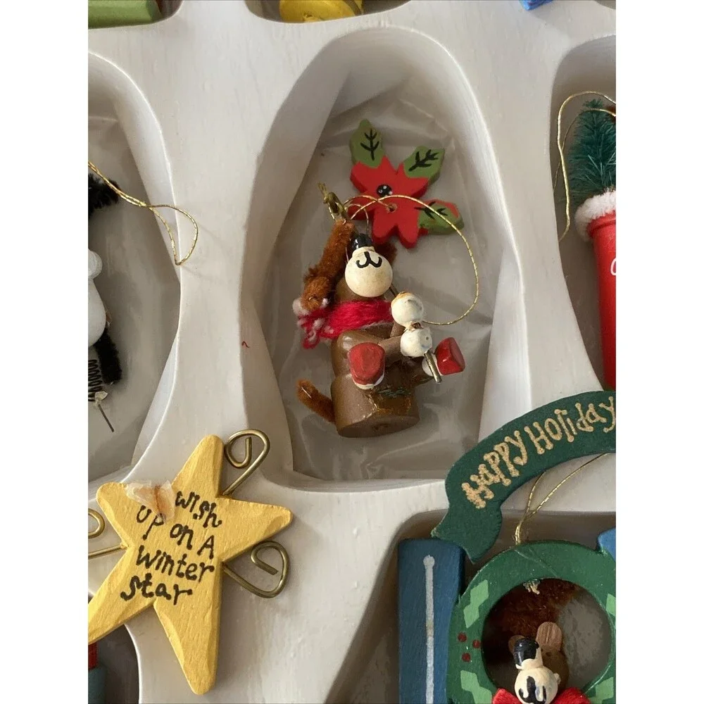 12 Vintage Painted Wooden MOOSE THEMED Christmas Ornaments Bottle Brush Animals
